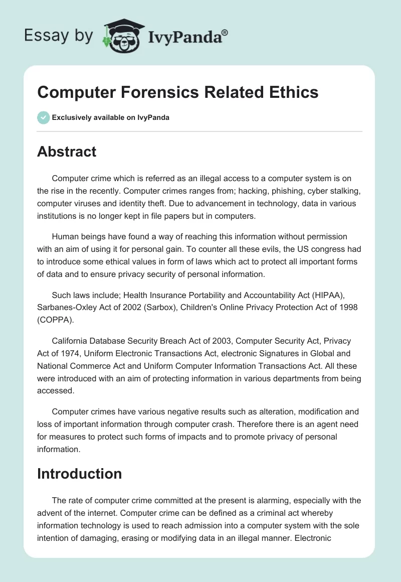 Pay tribute equal Distinguish Computer Forensics Related Ethics - 3655 Words | Term Paper Example