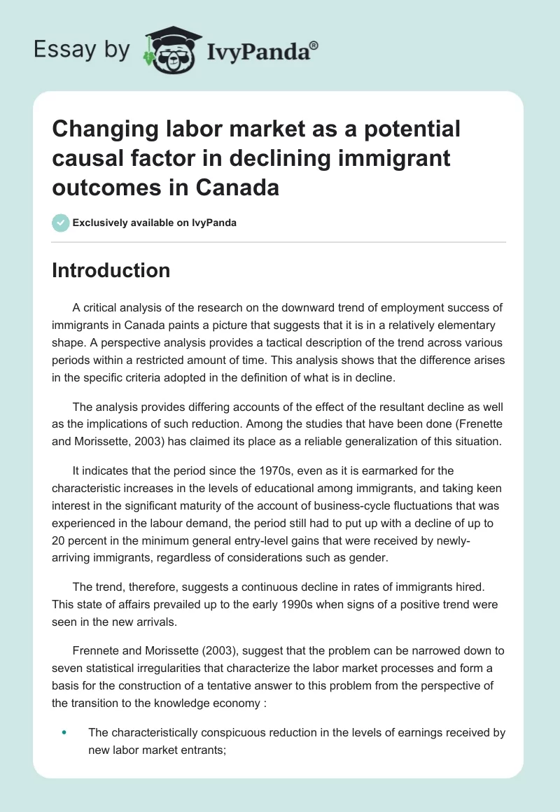 Changing labor market as a potential causal factor in declining immigrant outcomes in Canada. Page 1