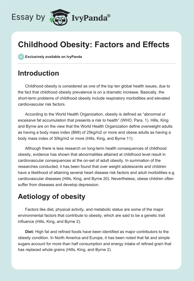 Childhood Obesity: Factors and Effects. Page 1