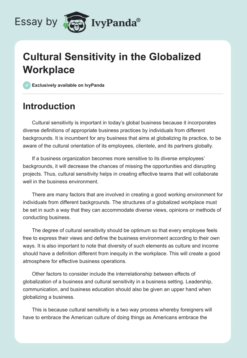 Cultural Sensitivity in the Globalized Workplace. Page 1