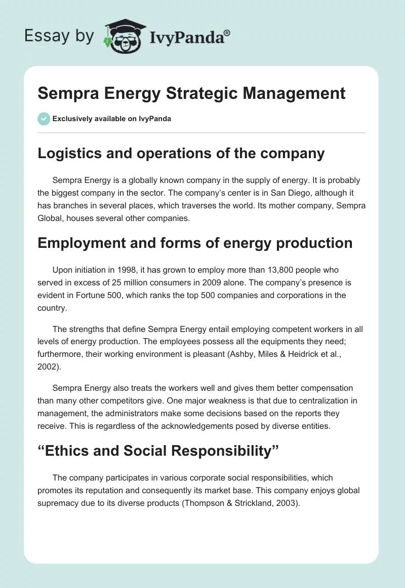 Sempra Energy Strategic Management. Page 1