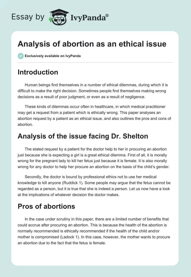 Analysis of Abortion as an Ethical Issue. Page 1