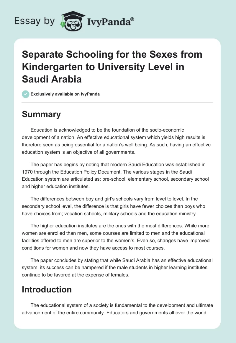 Separate Schooling for the Sexes from Kindergarten to University Level in Saudi Arabia. Page 1