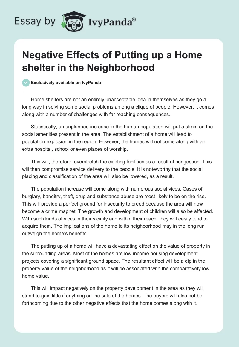 Negative Effects of Putting up a Home shelter in the Neighborhood. Page 1