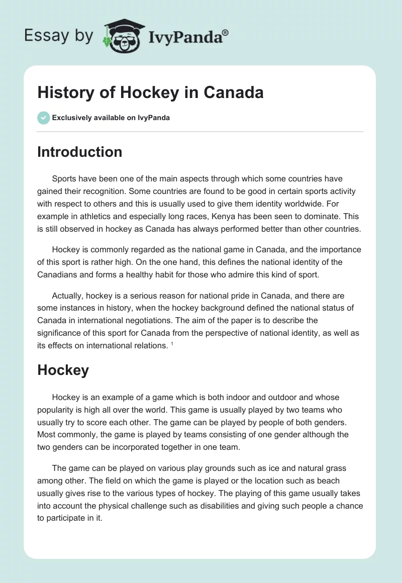 History of Hockey in Canada. Page 1
