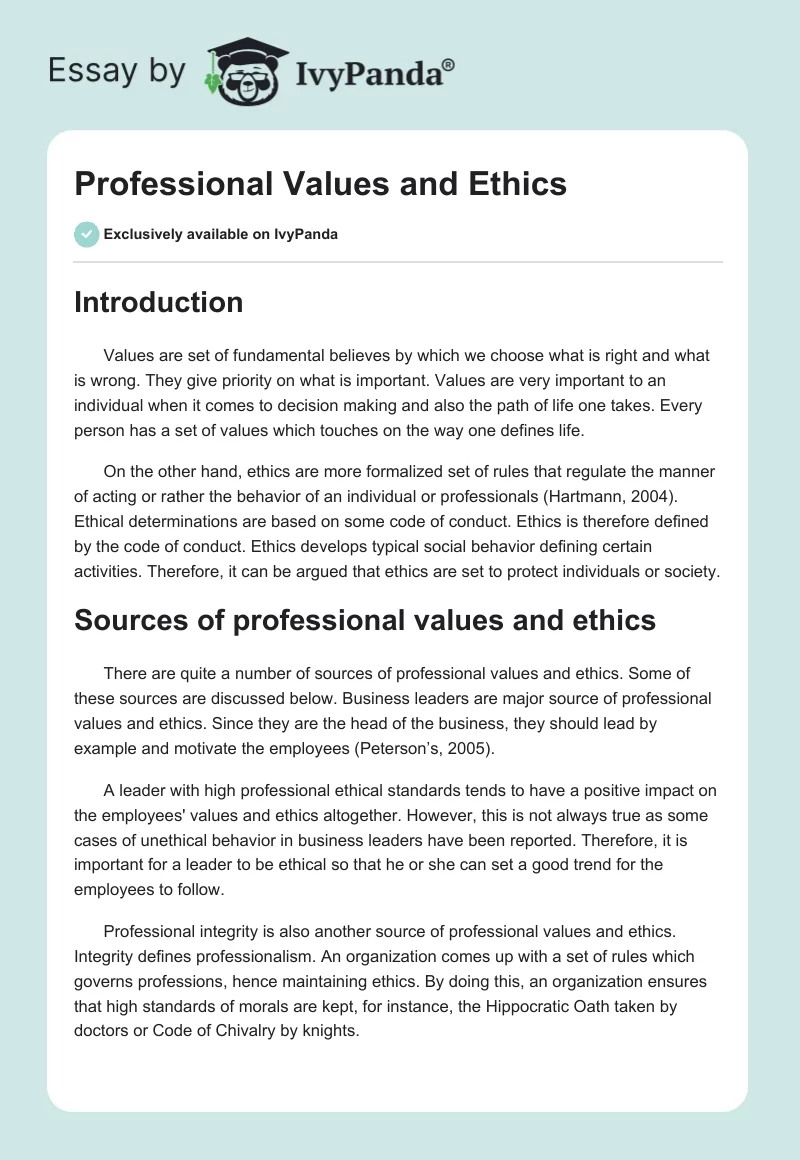 Professional Values and Ethics. Page 1