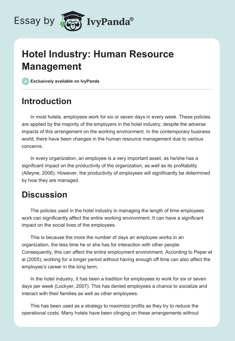 Hotel Industry: Human Resource Management. Page 1