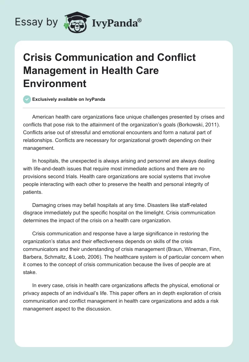 Crisis Communication and Conflict Management in Health Care Environment. Page 1