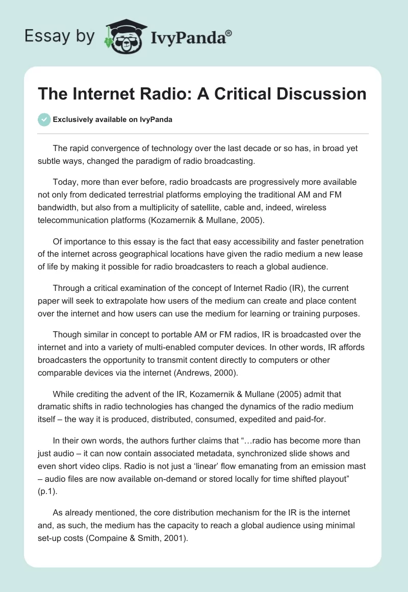 The Internet Radio: A Critical Discussion. Page 1