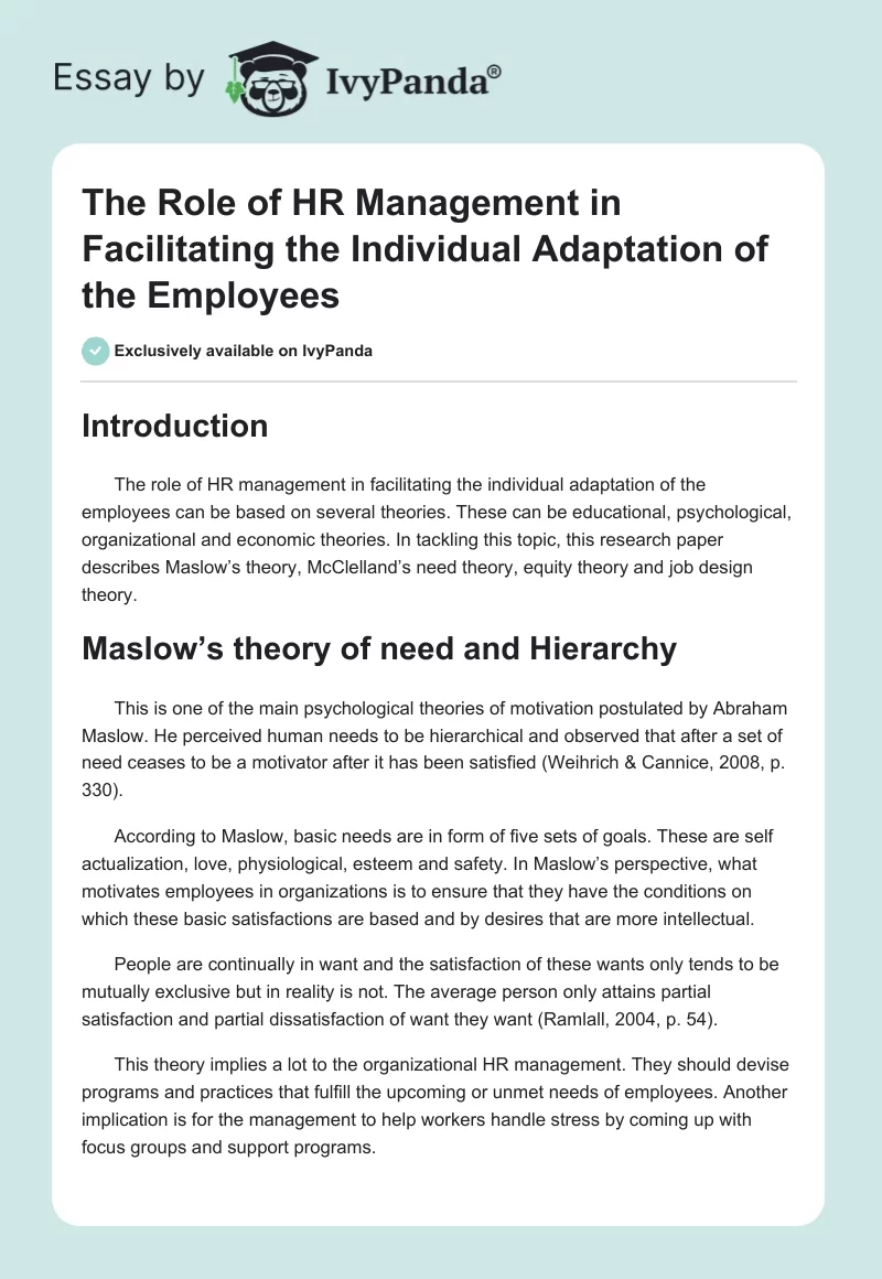 The Role of HR Management in Facilitating the Individual Adaptation of the Employees. Page 1