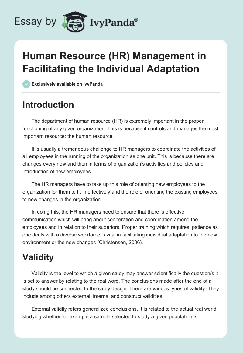 Human Resource (HR) Management in Facilitating the Individual Adaptation. Page 1