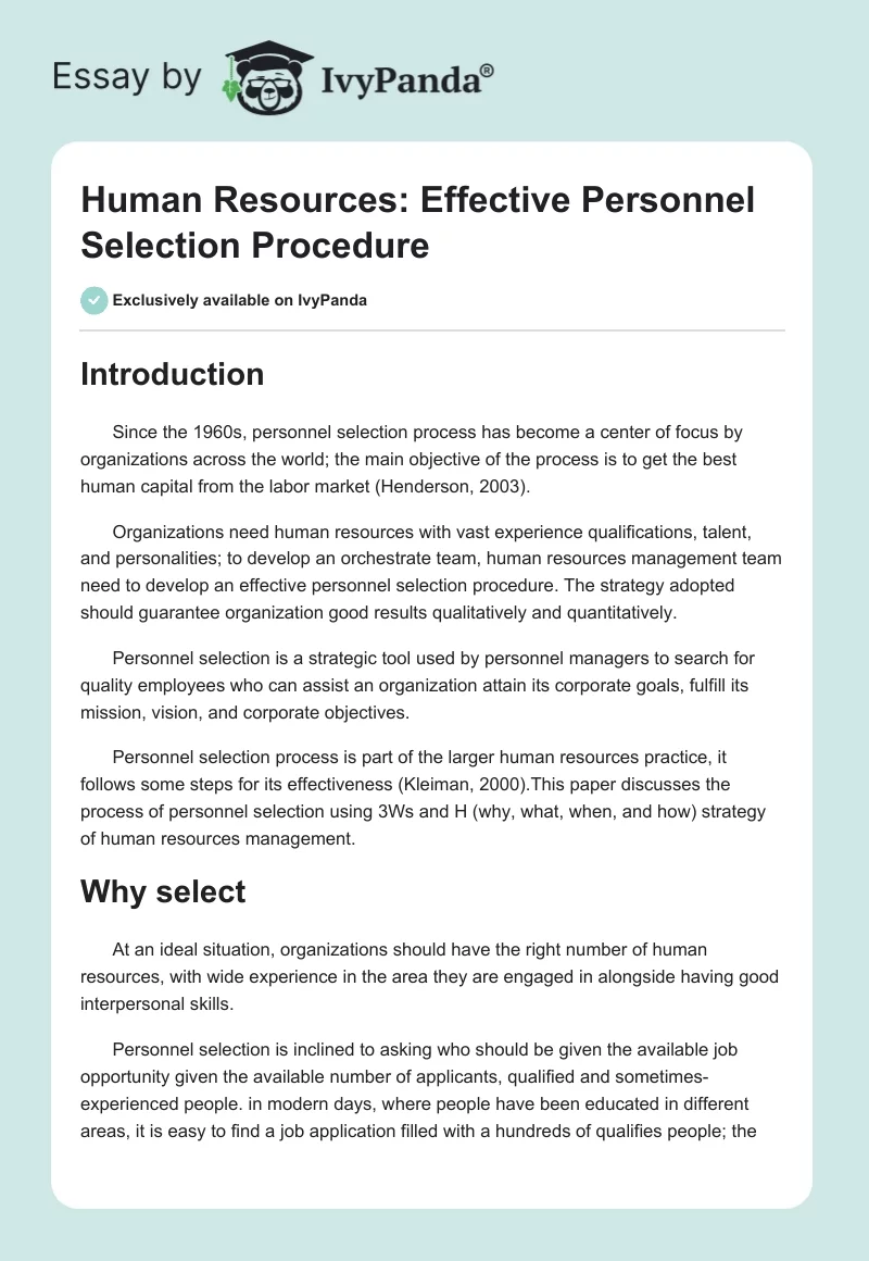 Human Resources: Effective Personnel Selection Procedure. Page 1