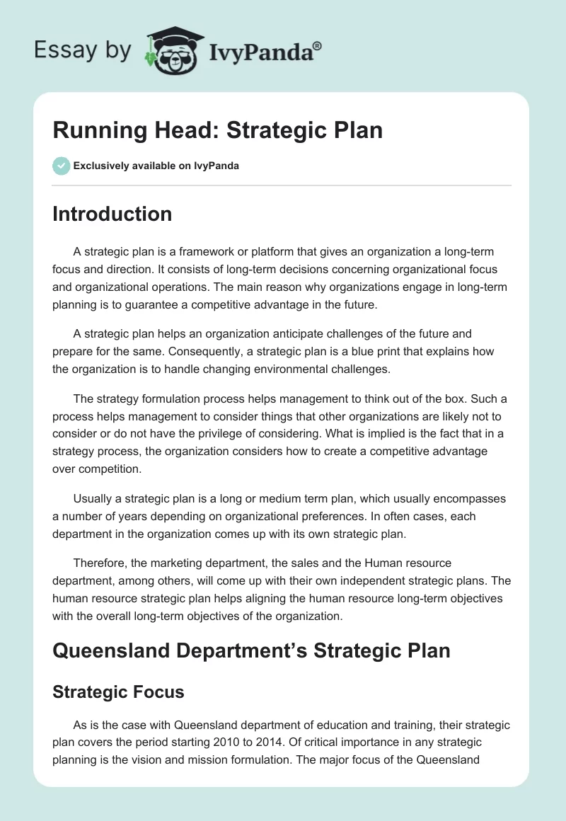 Running Head: Strategic Plan. Page 1