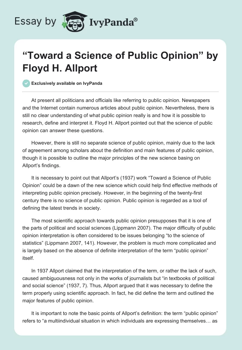 “Toward a Science of Public Opinion” by Floyd H. Allport. Page 1