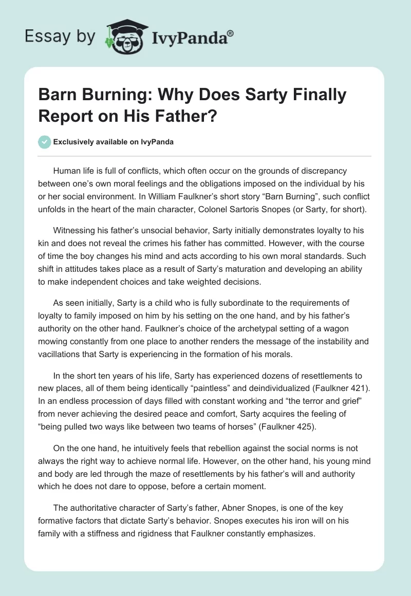 Barn Burning: Why Does Sarty Finally Report on His Father?. Page 1