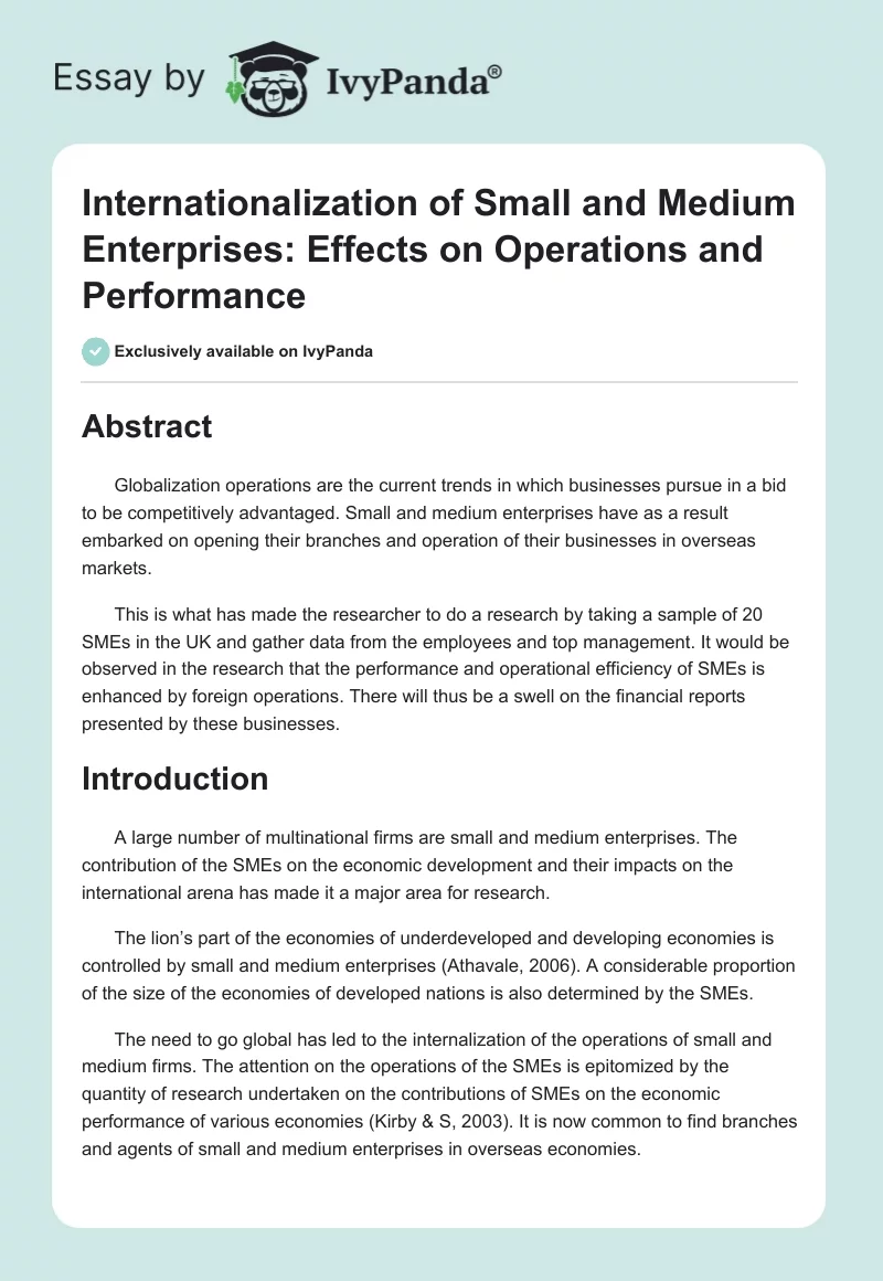 Internationalization of Small and Medium Enterprises: Effects on Operations and Performance. Page 1