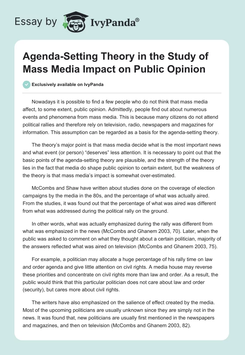 Agenda-Setting Theory in the Study of Mass Media Impact on Public Opinion. Page 1