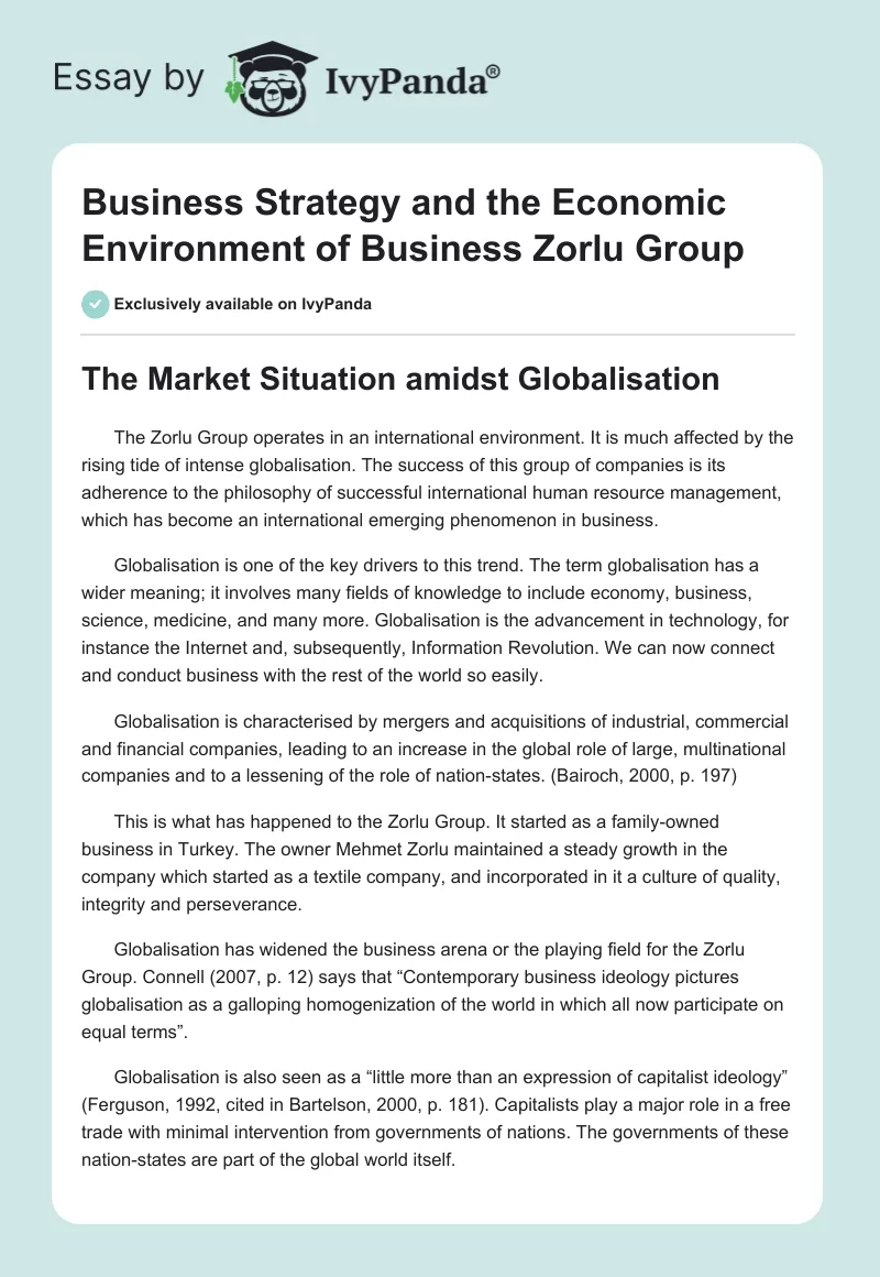 Business Strategy and the Economic Environment of Business Zorlu Group. Page 1