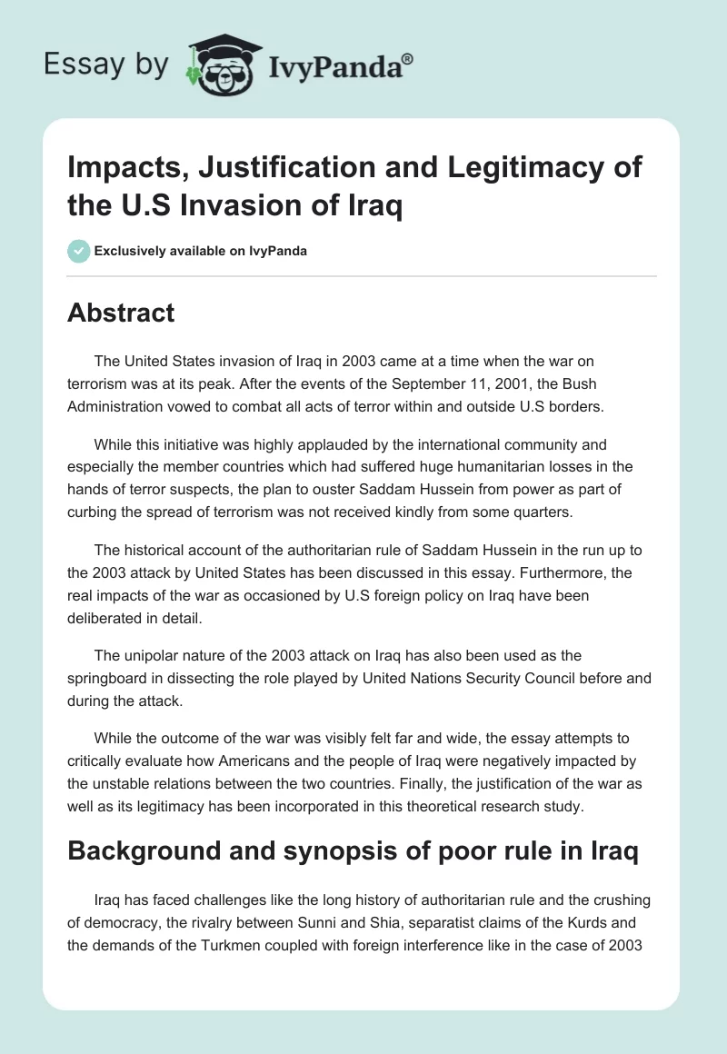 Impacts, Justification and Legitimacy of the U.S Invasion of Iraq. Page 1