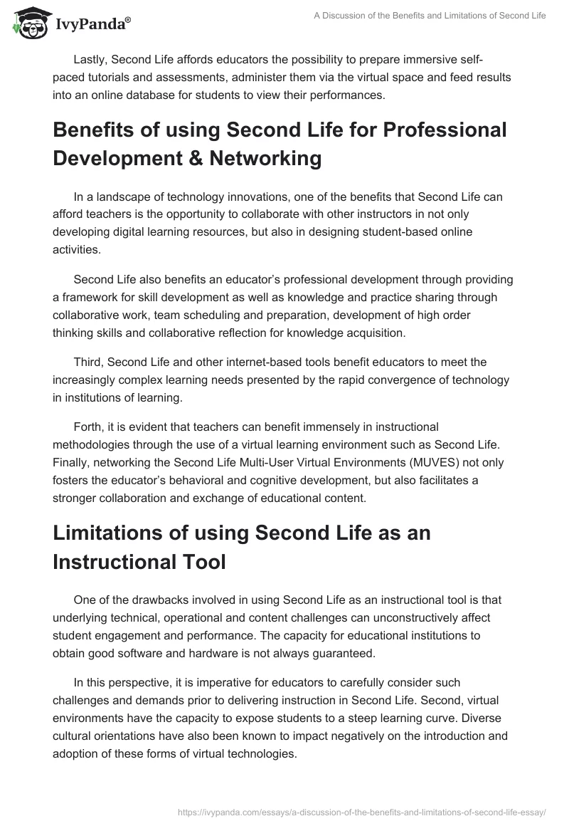 A Discussion of the Benefits and Limitations of Second Life. Page 2