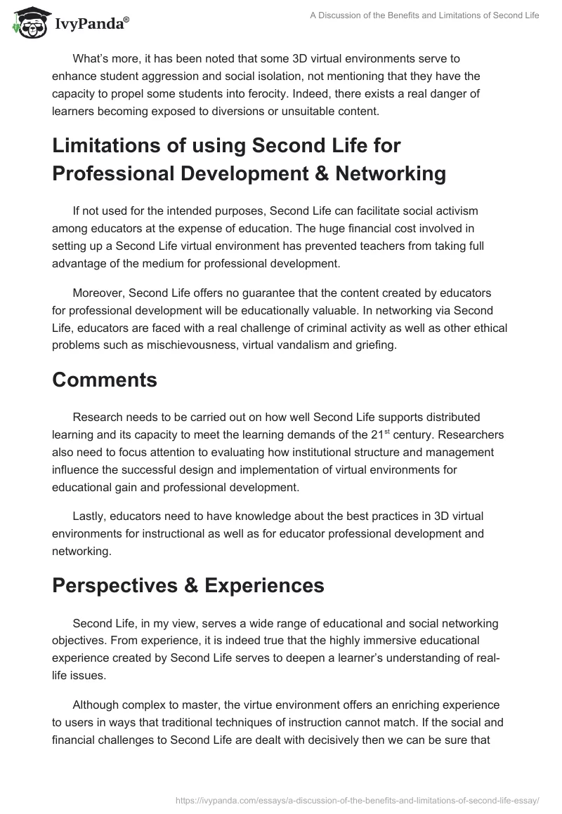 A Discussion of the Benefits and Limitations of Second Life. Page 3