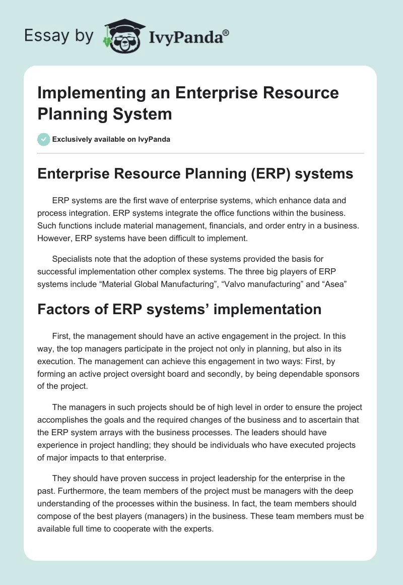 Implementing an Enterprise Resource Planning System. Page 1