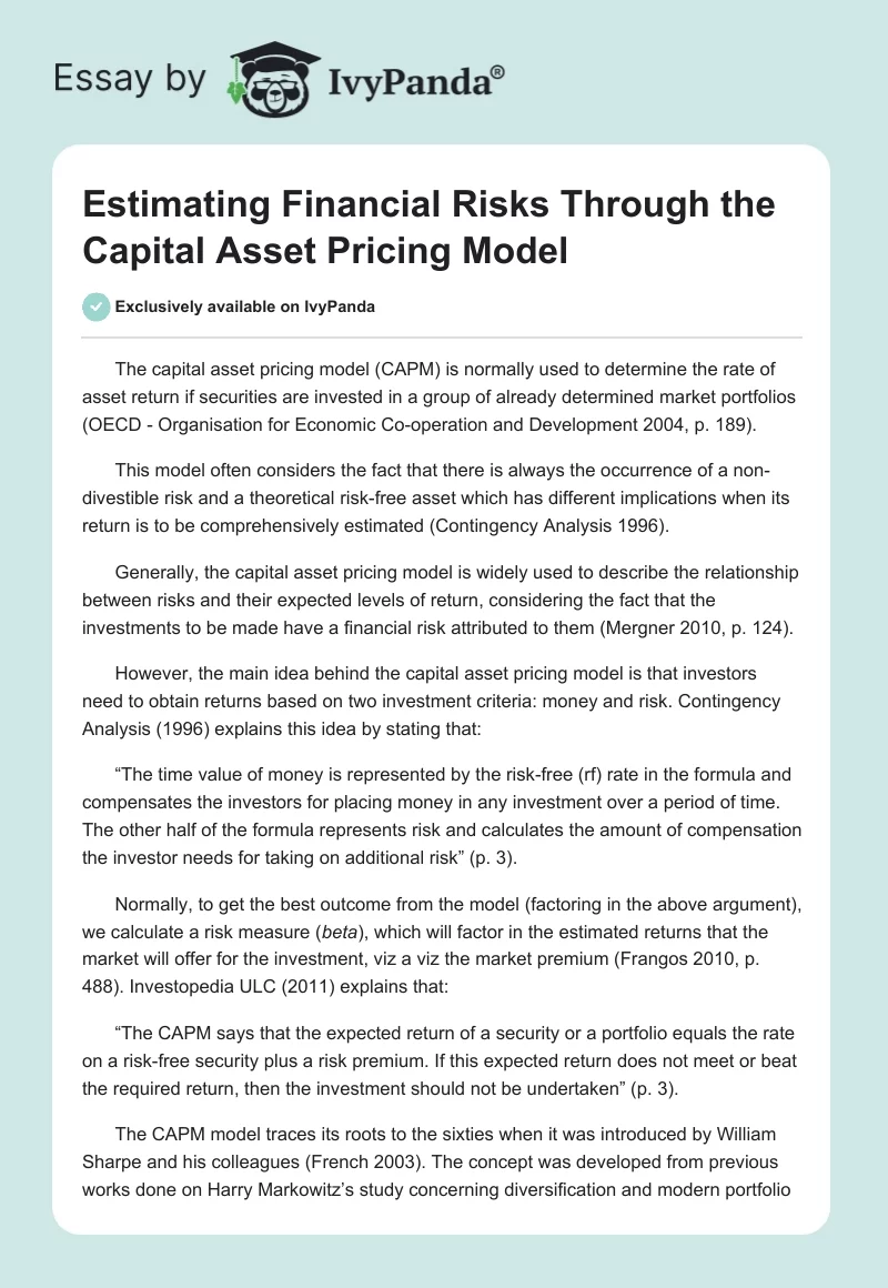 Estimating Financial Risks Through the Capital Asset Pricing Model. Page 1