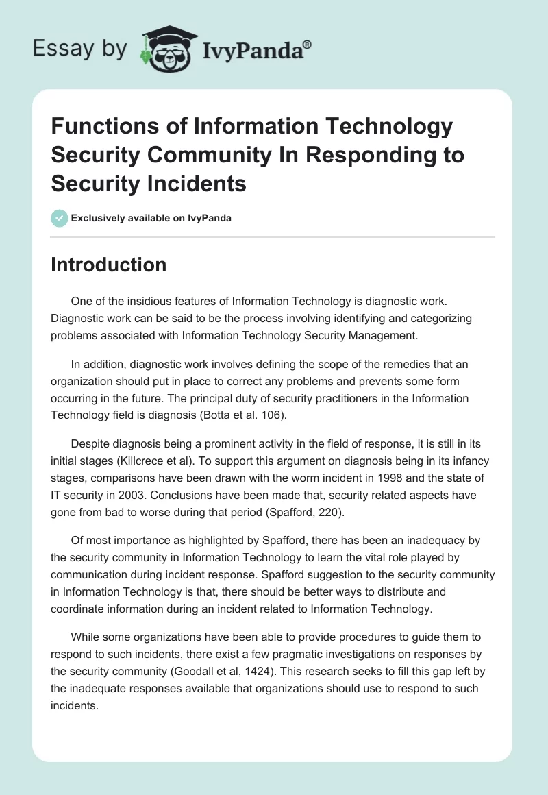 Functions of Information Technology Security Community In Responding to Security Incidents. Page 1