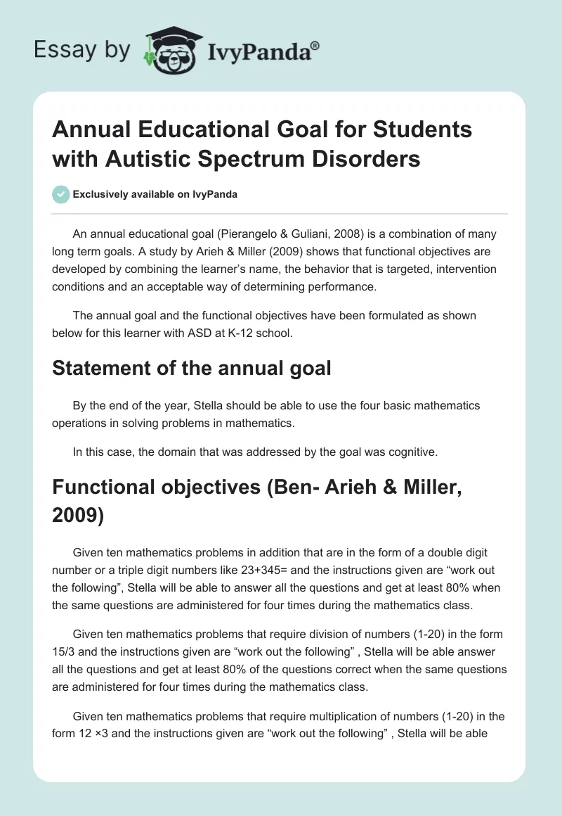 Annual Educational Goal for Students with Autistic Spectrum Disorders. Page 1