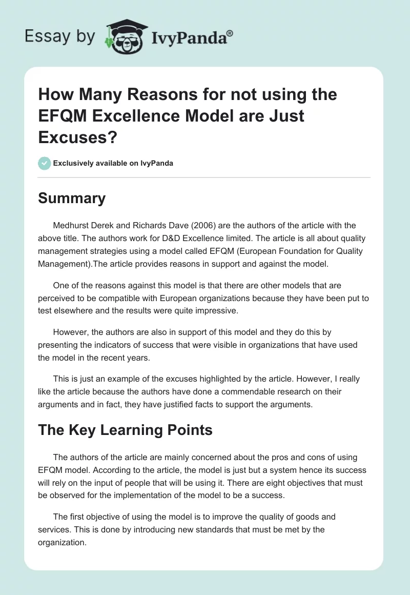 How Many Reasons for not using the EFQM Excellence Model are Just Excuses?. Page 1