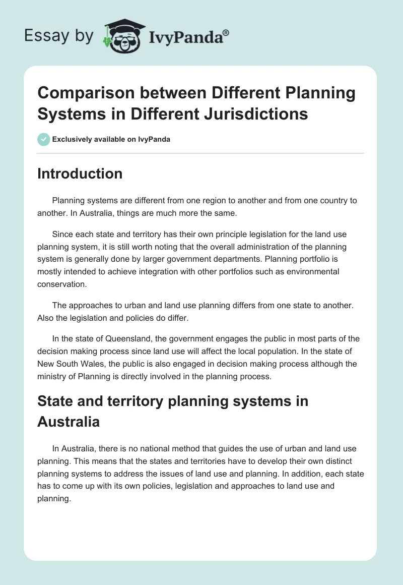 Comparison between Different Planning Systems in Different Jurisdictions. Page 1