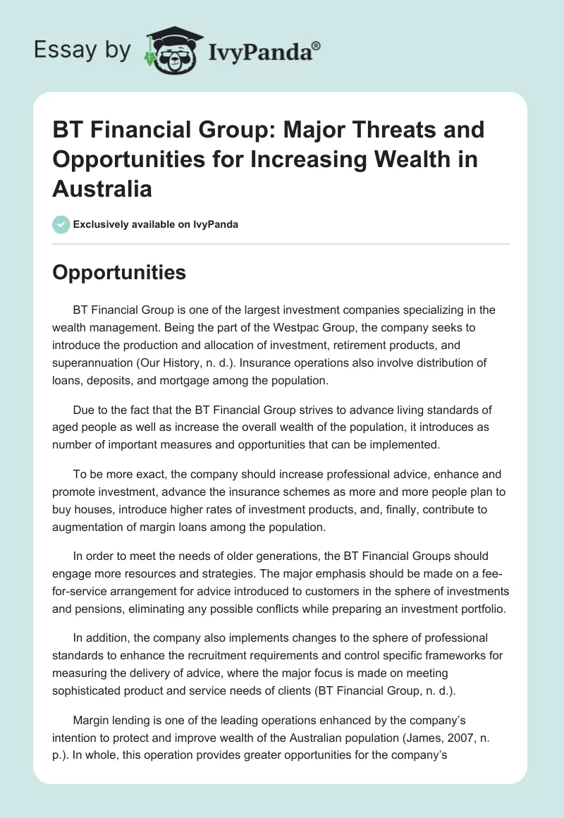 BT Financial Group: Major Threats and Opportunities for Increasing Wealth in Australia. Page 1
