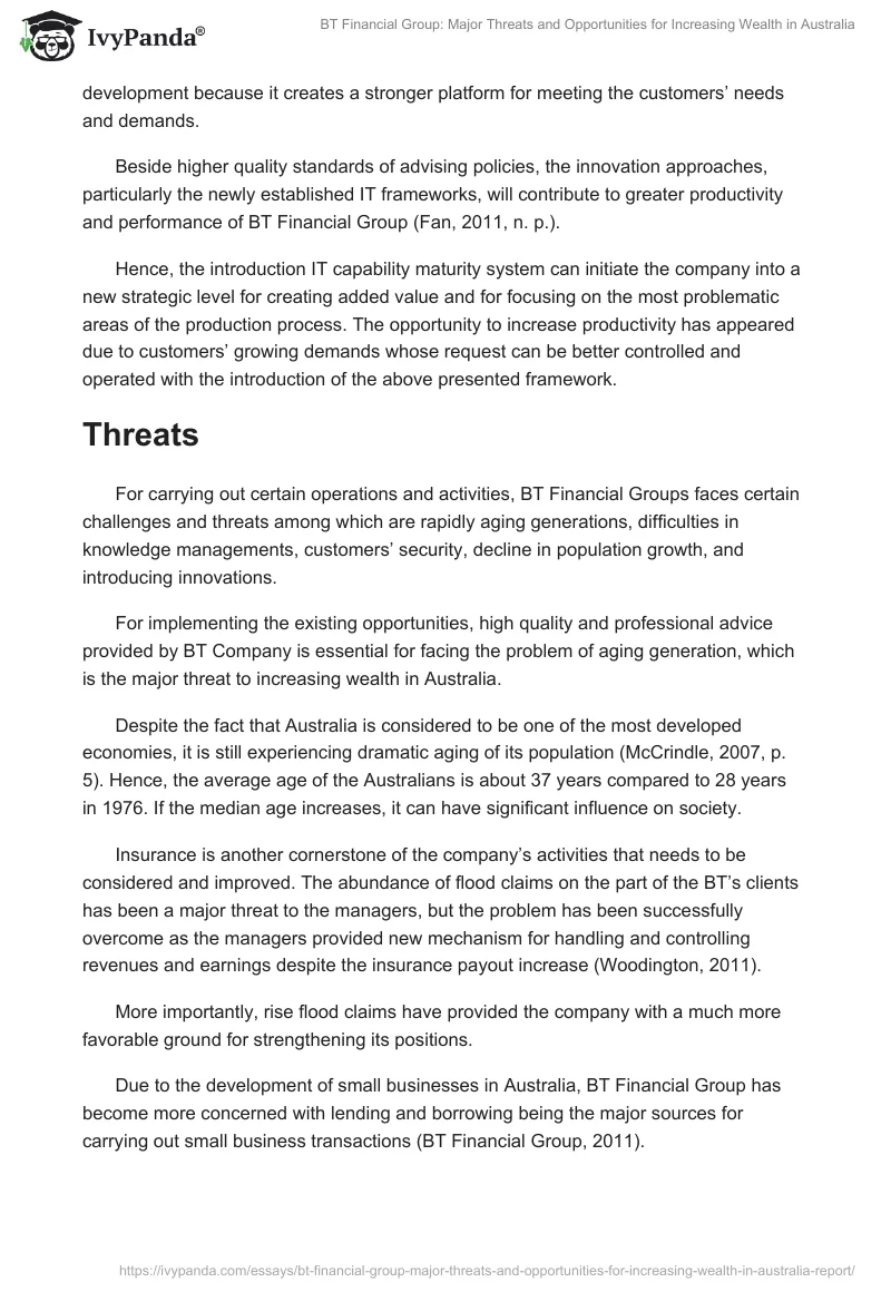 BT Financial Group: Major Threats and Opportunities for Increasing Wealth in Australia. Page 2