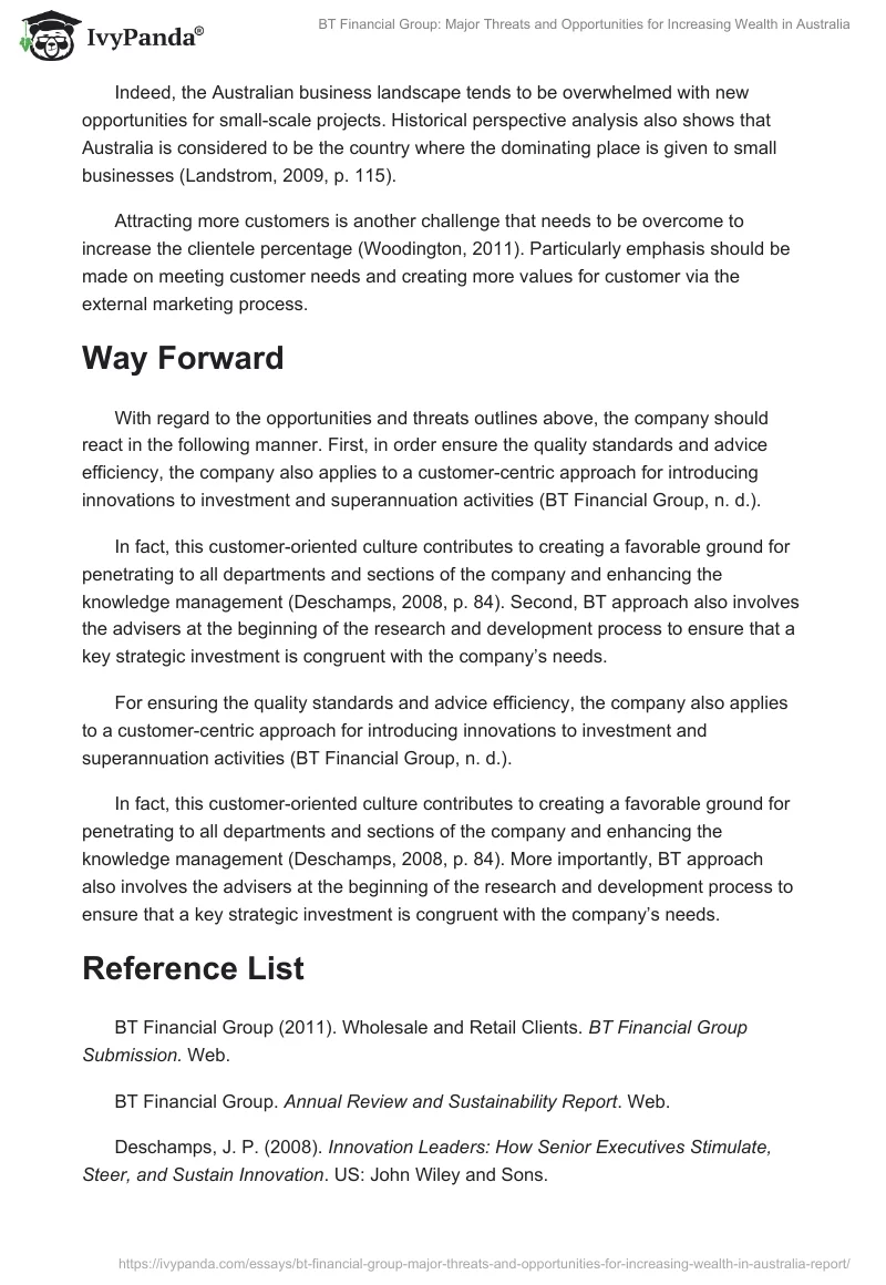 BT Financial Group: Major Threats and Opportunities for Increasing Wealth in Australia. Page 3