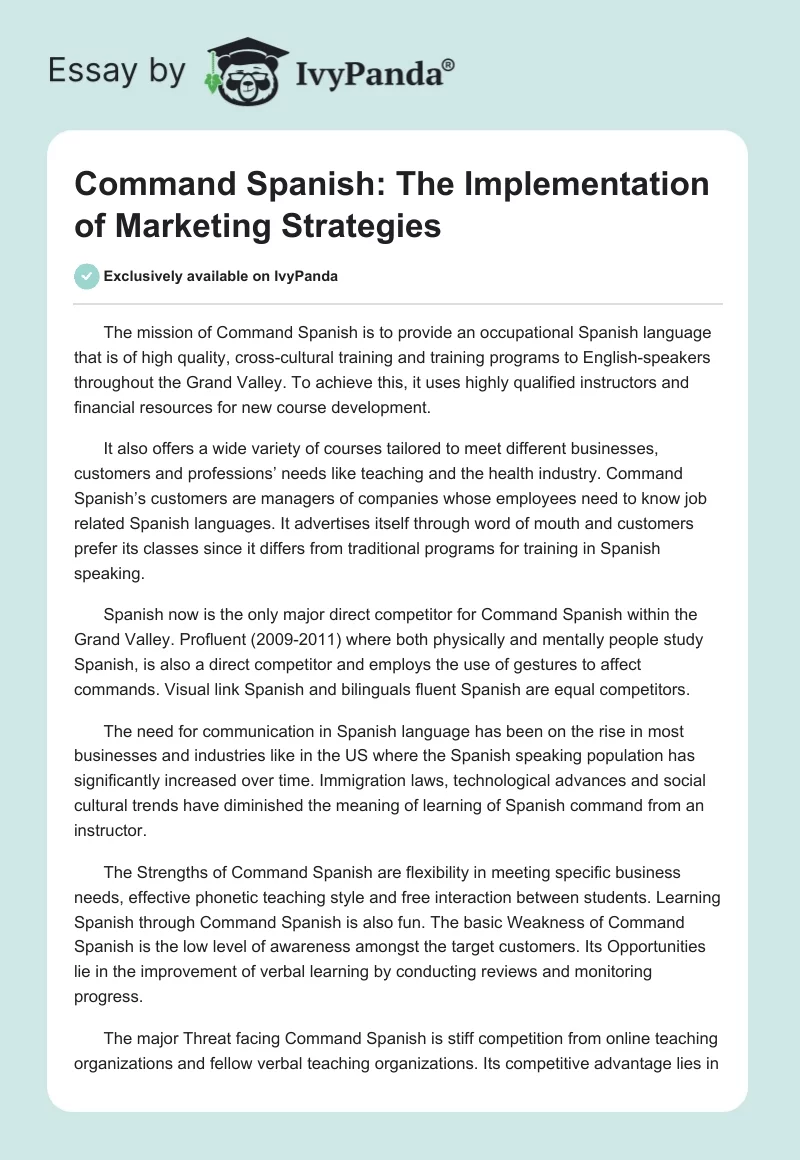 Command Spanish: The Implementation of Marketing Strategies. Page 1