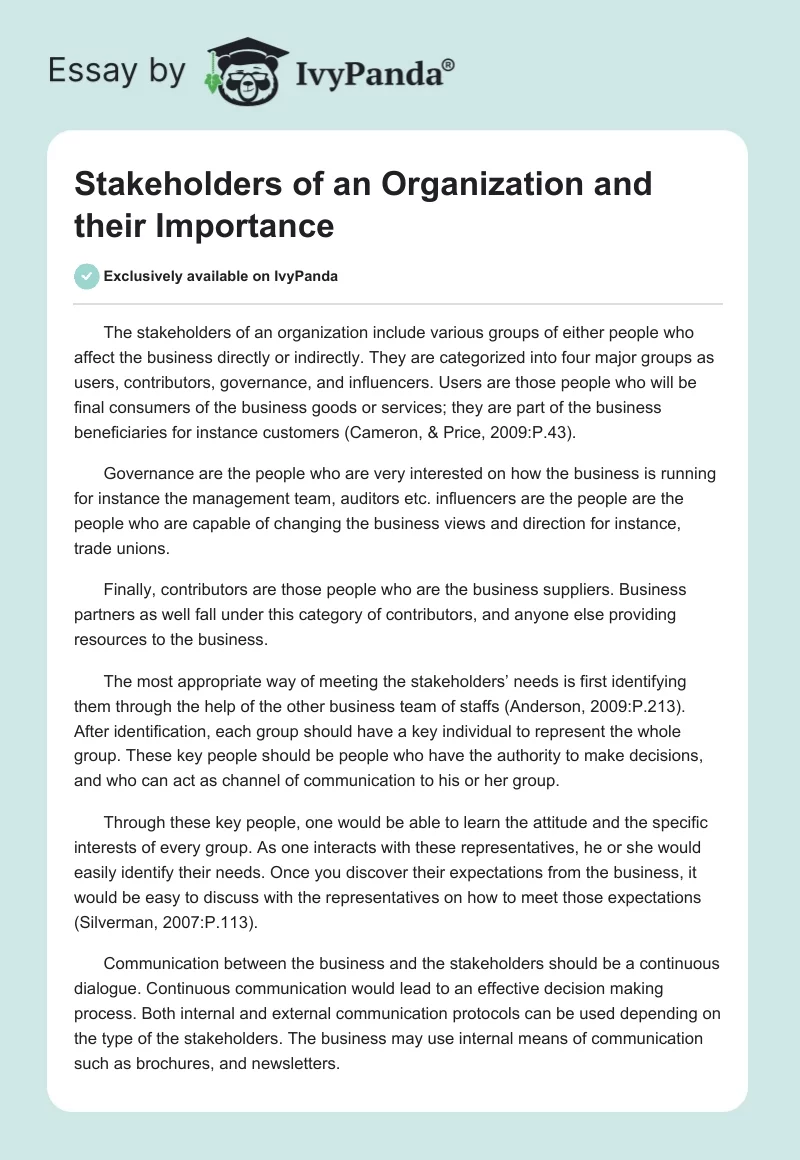 Stakeholders of an Organization and their Importance. Page 1