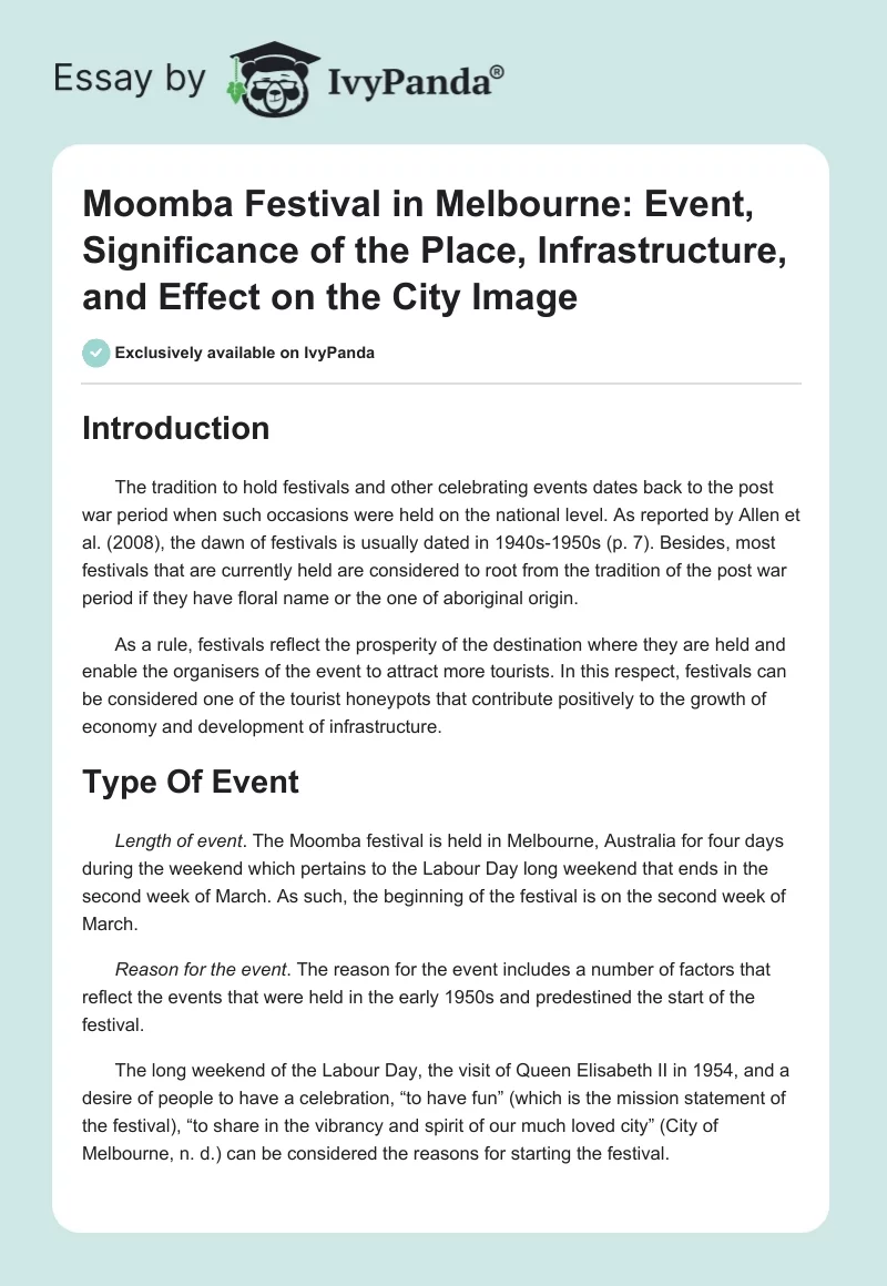 Moomba Festival in Melbourne: Event, Significance of the Place, Infrastructure, and Effect on the City Image. Page 1