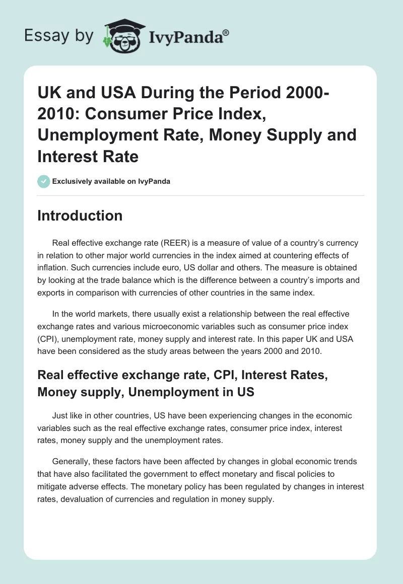 UK and USA During the Period 2000-2010: Consumer Price Index, Unemployment Rate, Money Supply and Interest Rate. Page 1