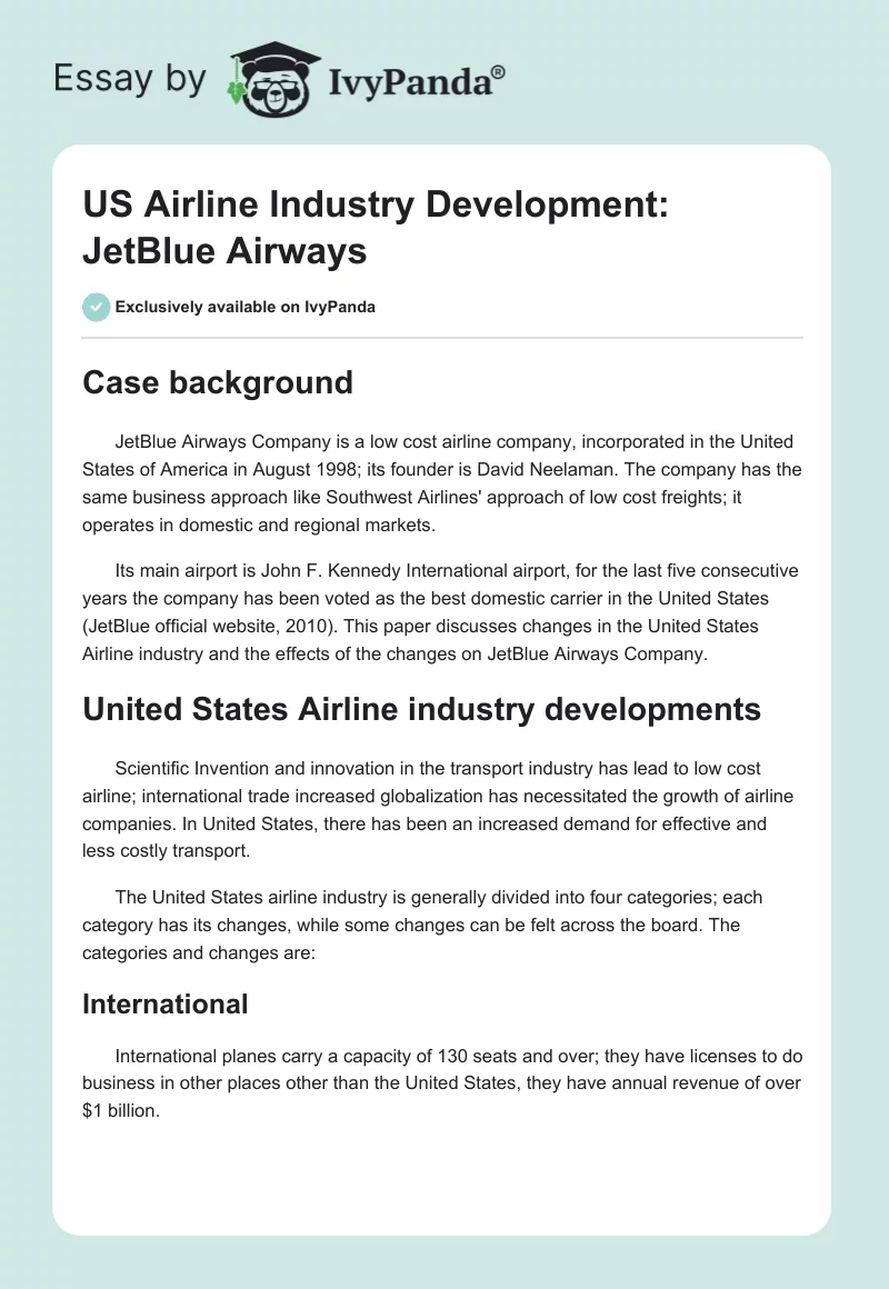 US Airline Industry Development: JetBlue Airways. Page 1