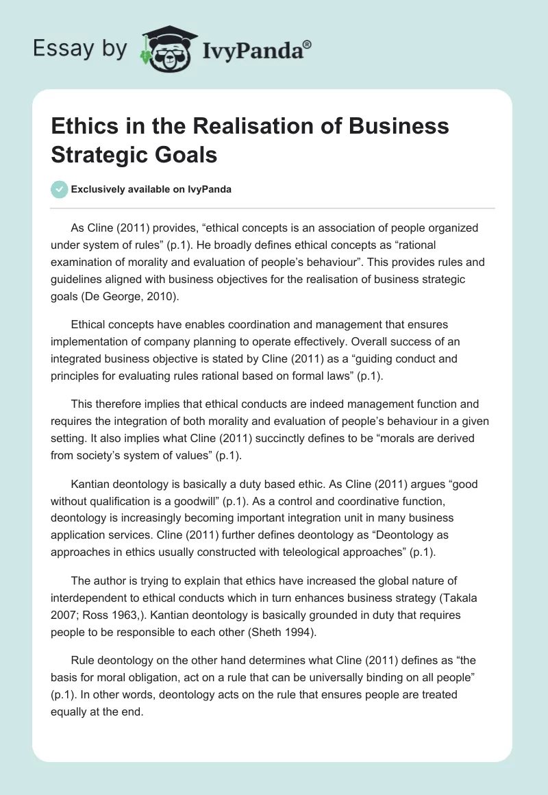 Ethics in the Realisation of Business Strategic Goals. Page 1