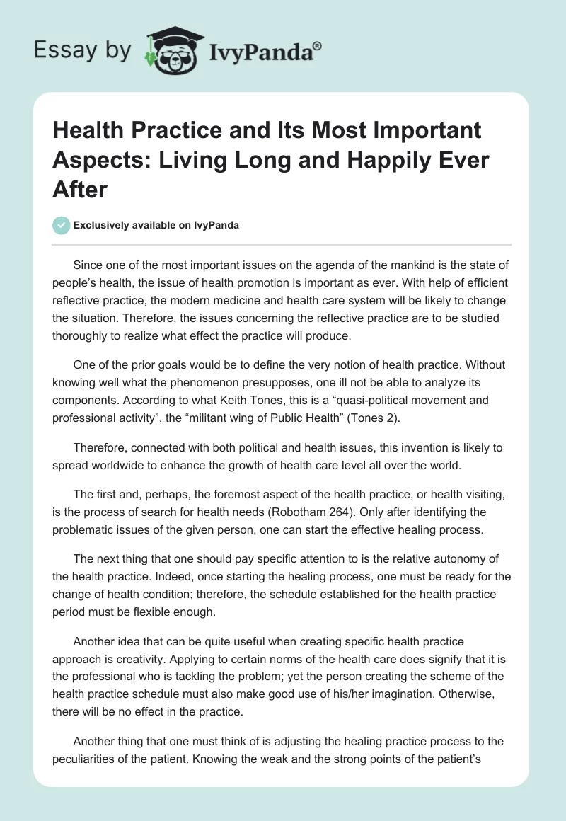 Health Practice and Its Most Important Aspects: Living Long and Happily Ever After. Page 1