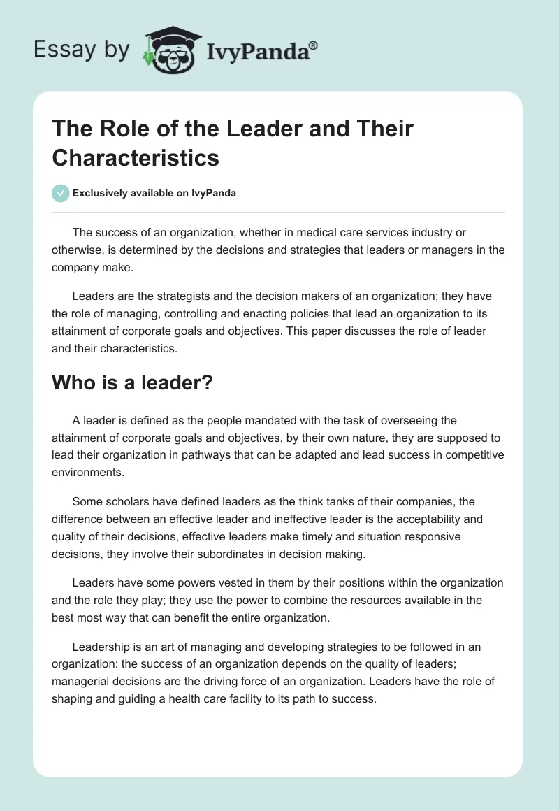 The Role of the Leader and Their Characteristics. Page 1