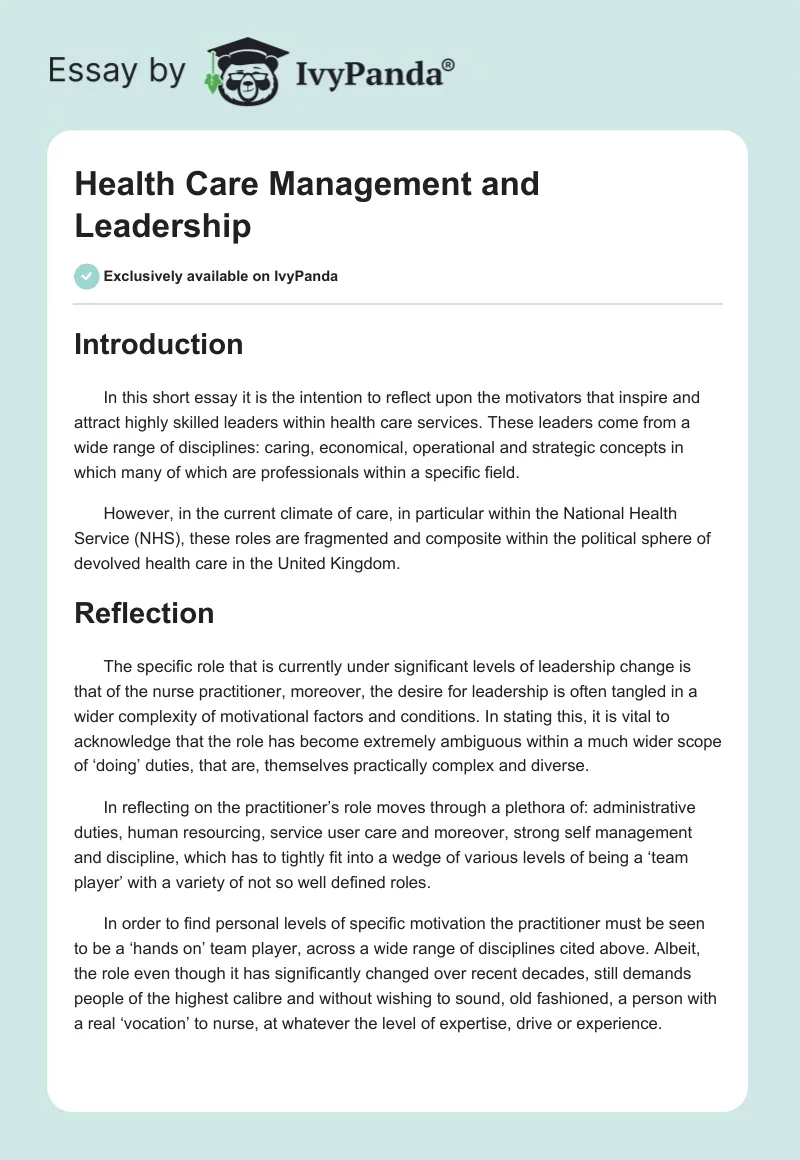 Health Care Management and Leadership. Page 1