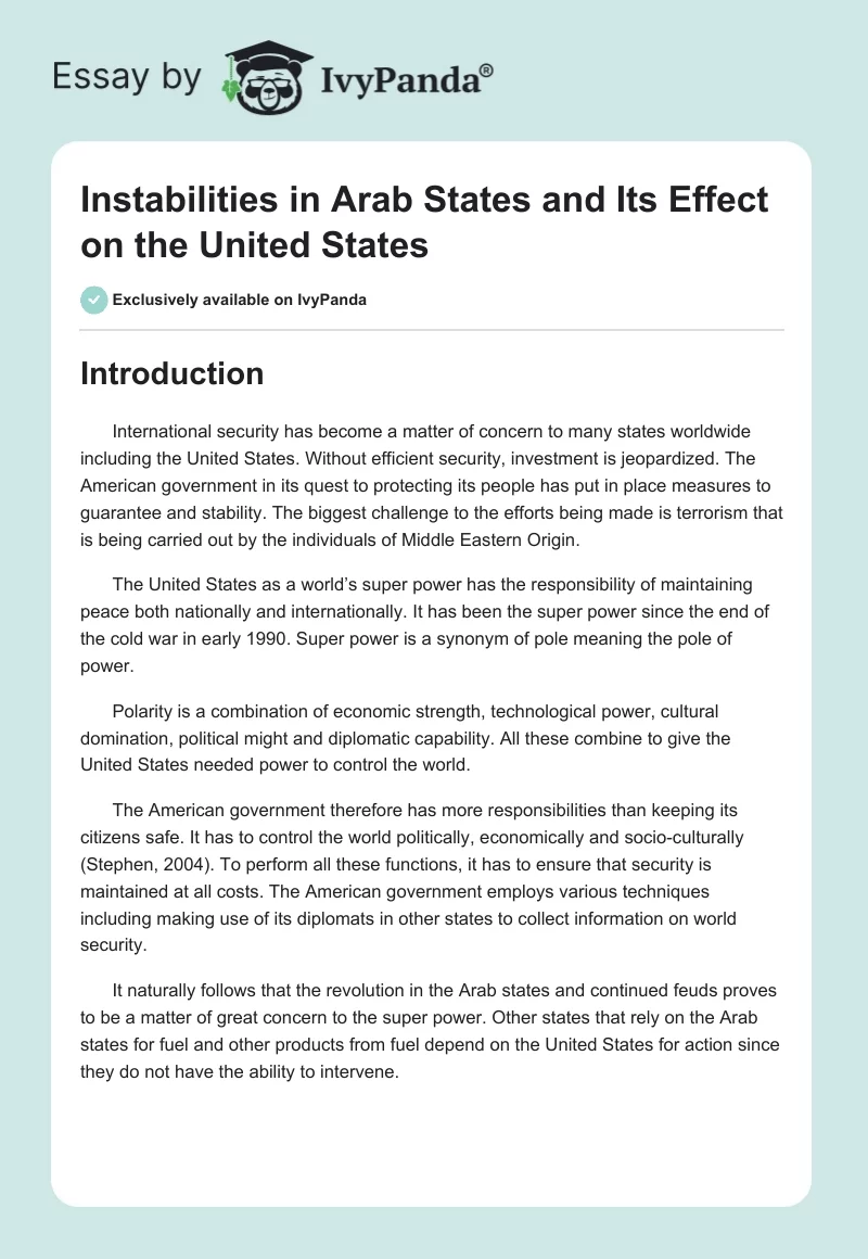 Instabilities in Arab States and Its Effect on the United States. Page 1