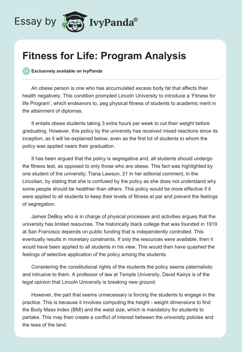 Fitness for Life: Program Analysis. Page 1
