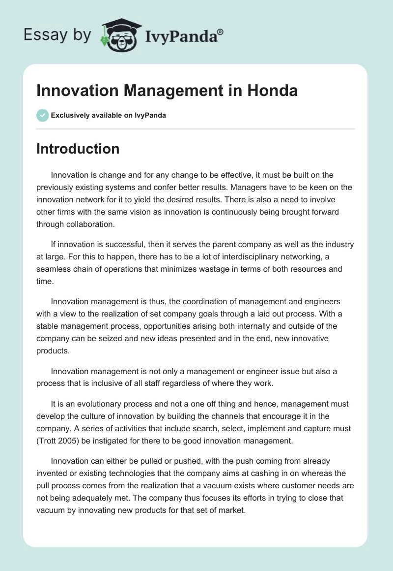 Innovation Management in Honda. Page 1