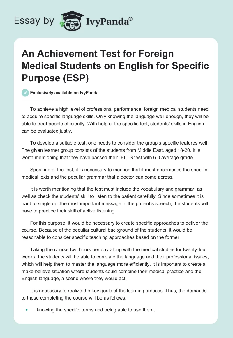 An Achievement Test for Foreign Medical Students on English for Specific Purpose (ESP). Page 1