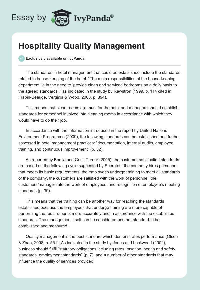 Hospitality Quality Management. Page 1