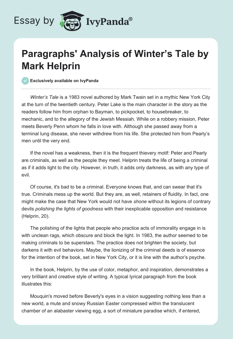 Paragraphs' Analysis of Winter’s Tale by Mark Helprin. Page 1