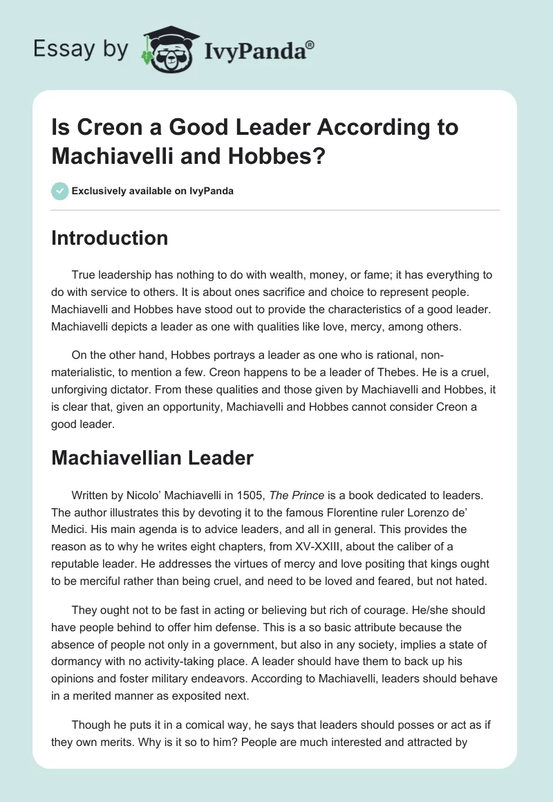 Is Creon a Good Leader According to Machiavelli and Hobbes?. Page 1